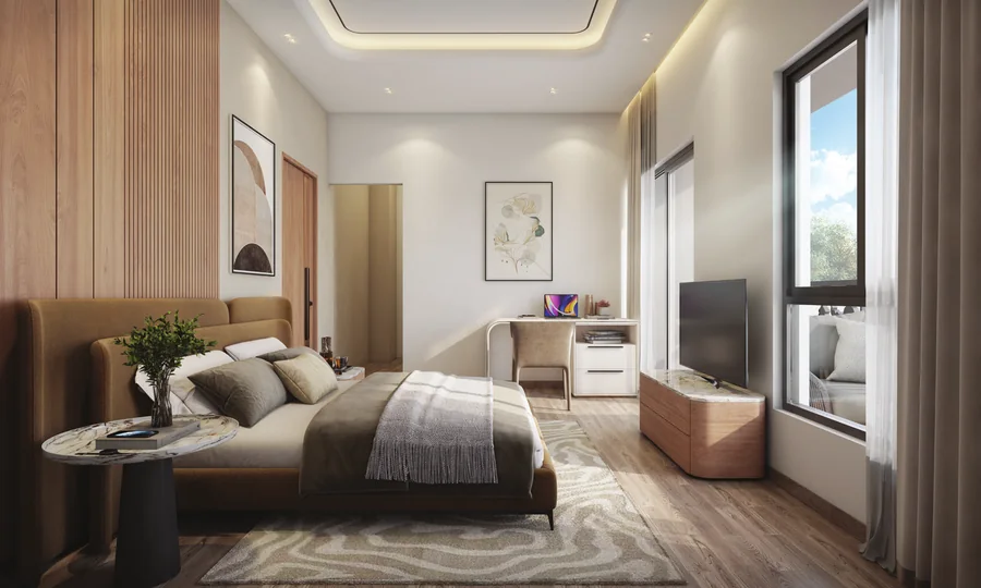 Bedroom interior in a DTC Embassy villa, Rajarhat