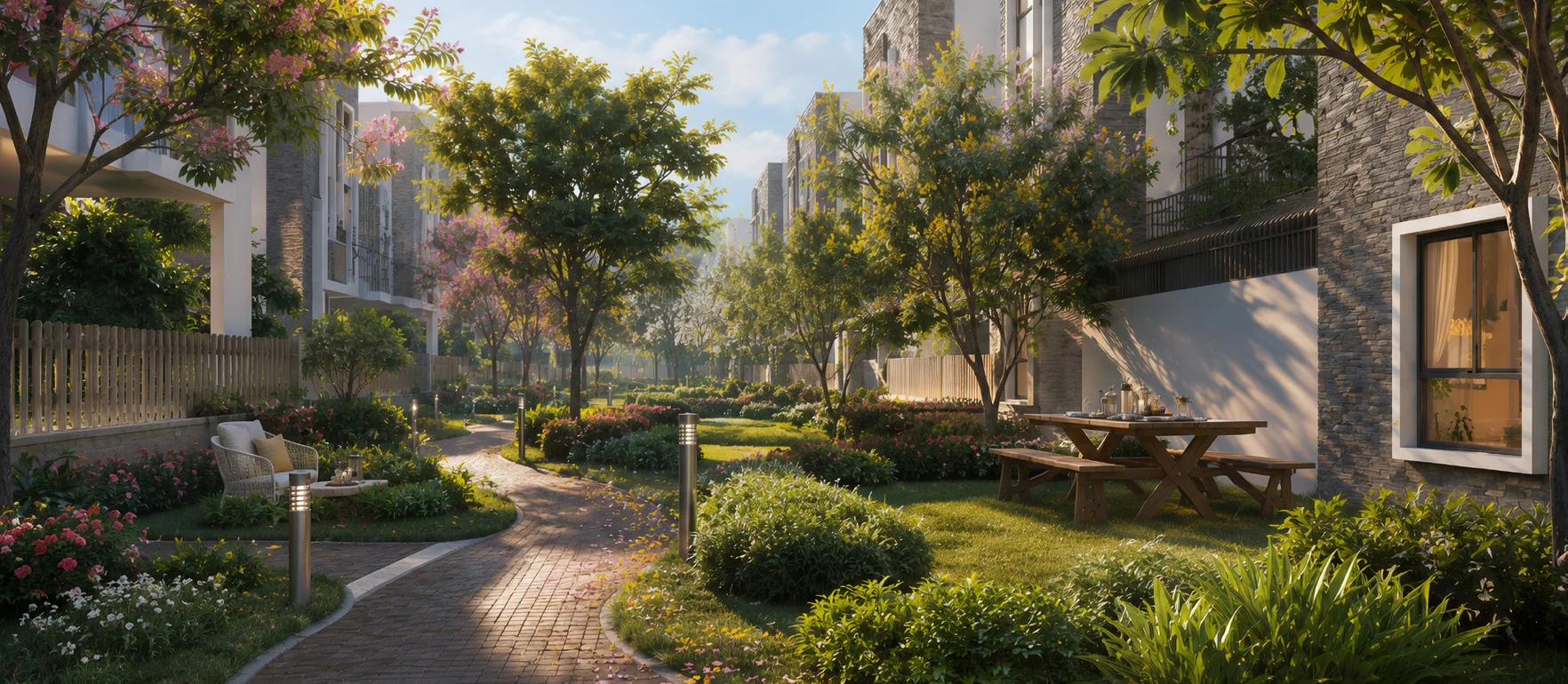 Landscaped walkway between villas at DTC Embassy Villa Phase 2