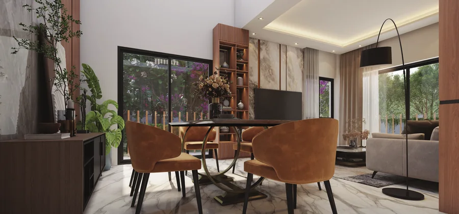Double-height dining under the private skylight in a DTC Embassy villa