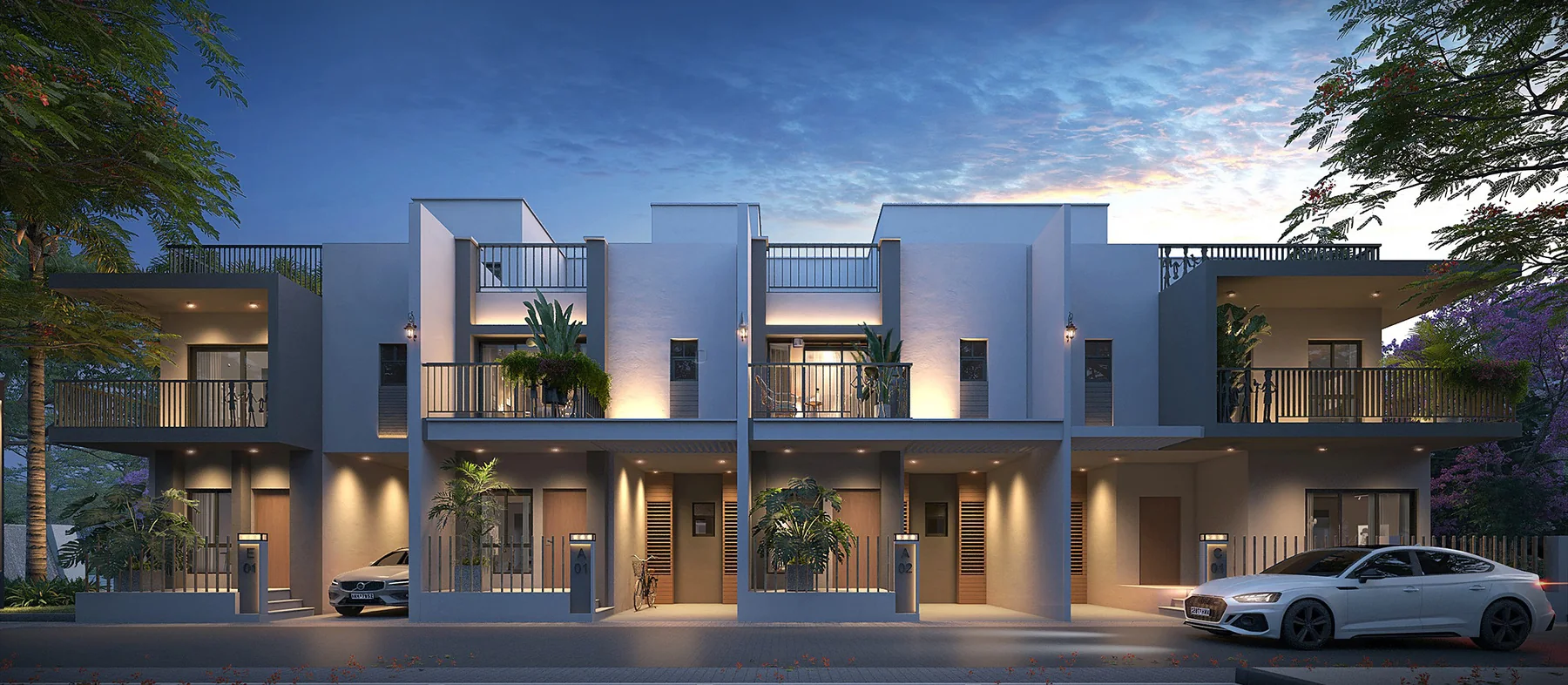 Villa frontages and porches at night, DTC Embassy Villa Rajarhat