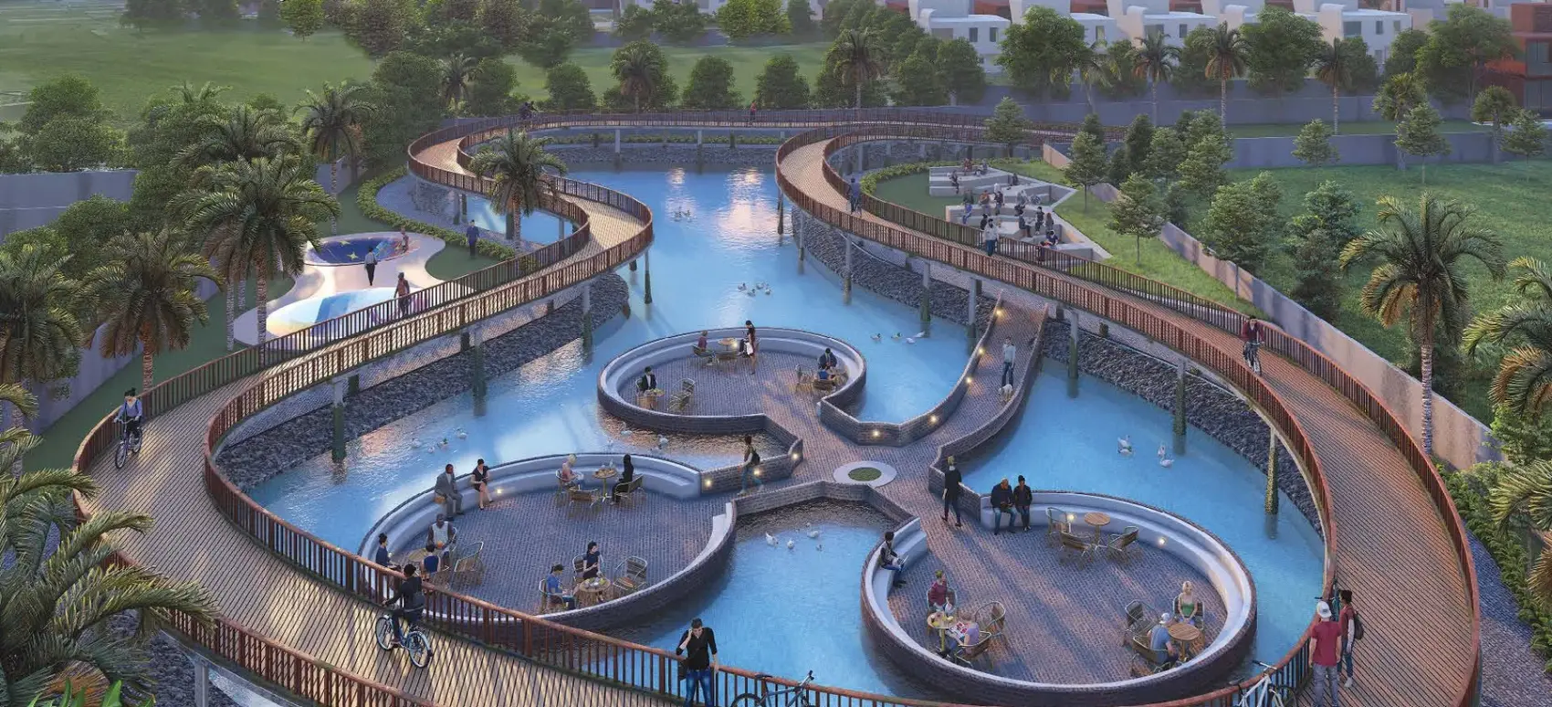 Central waterbody with floating cafe and cycling track at Emami Aastha, Joka