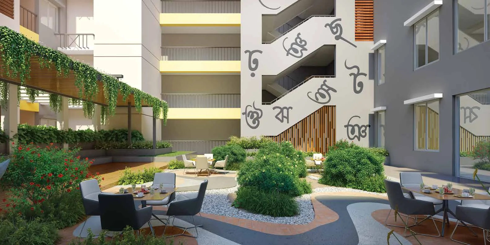 Landscaped podium with wall murals at Bhawani Porshi Nagar