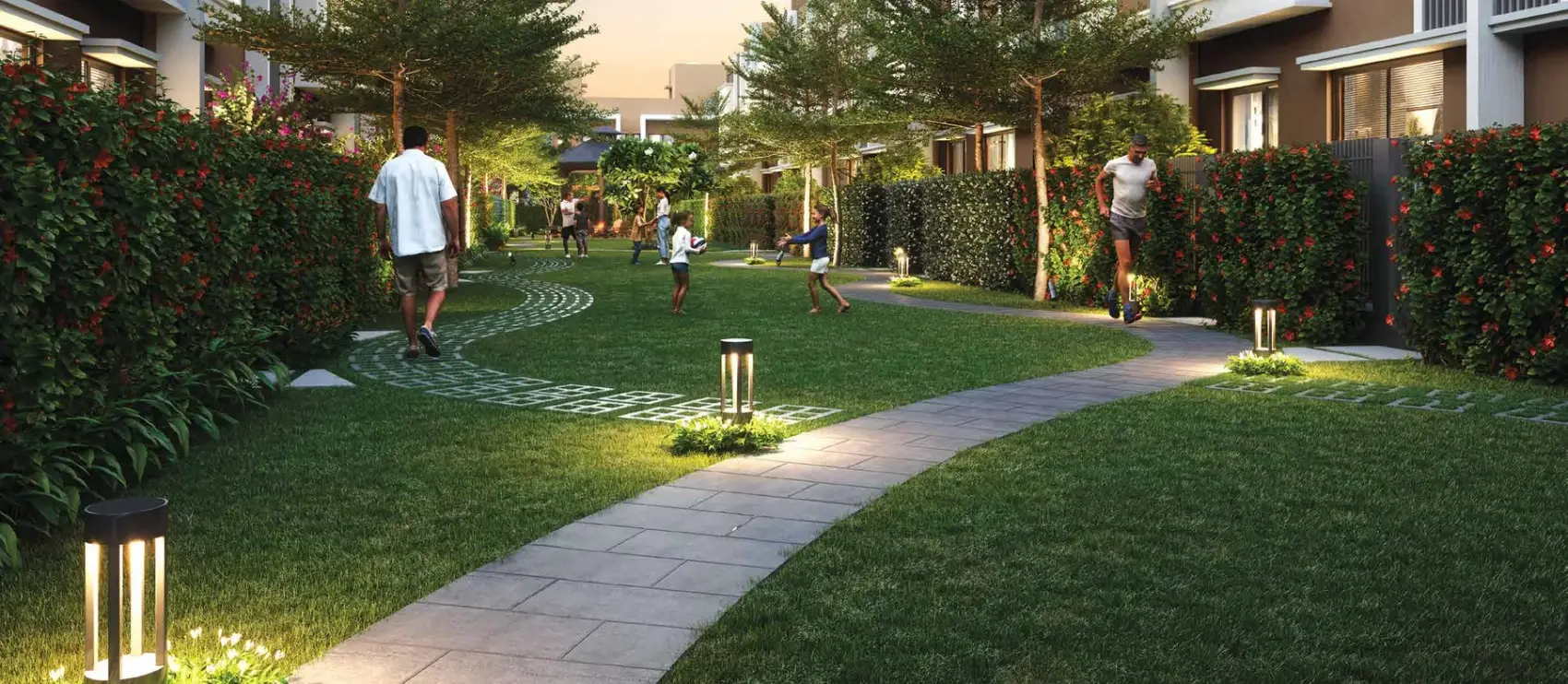 Landscaped garden path between row houses at SP One Estate