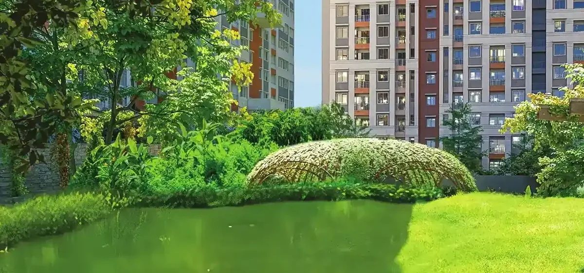 Forest island between the natural lakes at Urban Lakes, Konnagar