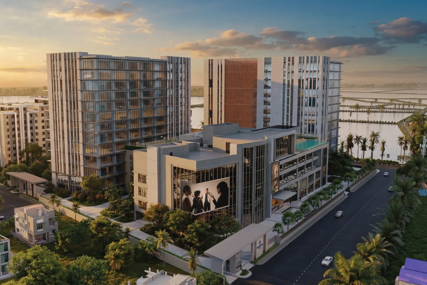 Harbour One by PS Group, Sector V: aerial view of the three towers, artist's impression