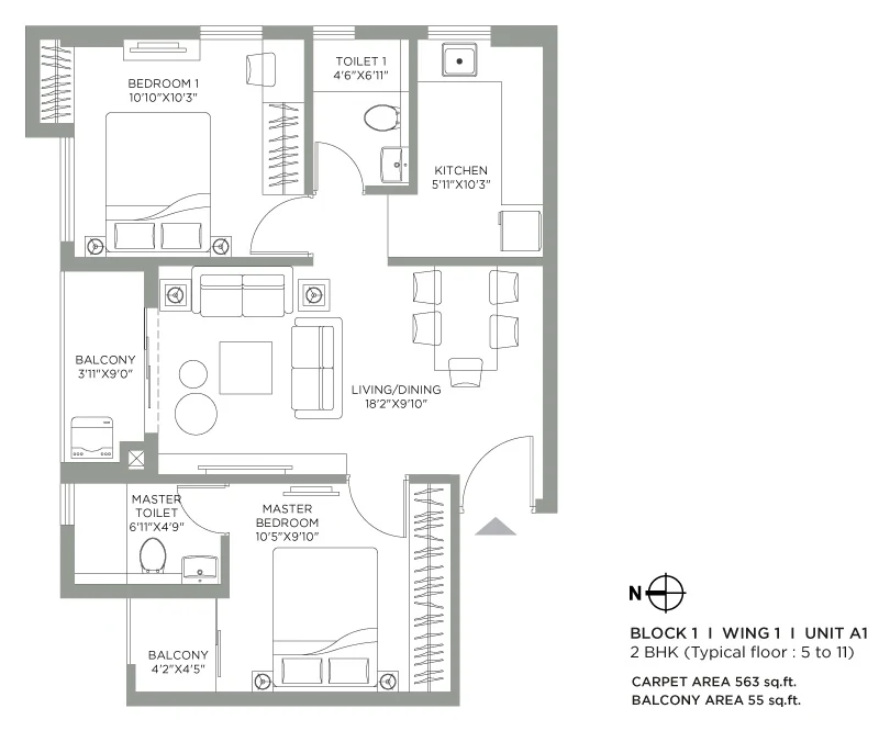 Jade Grove by PS Group, Tangra: 2 BHK Block 1 Unit A1 floor plan, 563 sq ft carpet