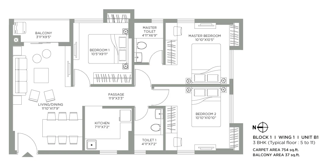 Jade Grove by PS Group, Tangra: 3 BHK Block 1 Unit B1 floor plan, 754 sq ft carpet