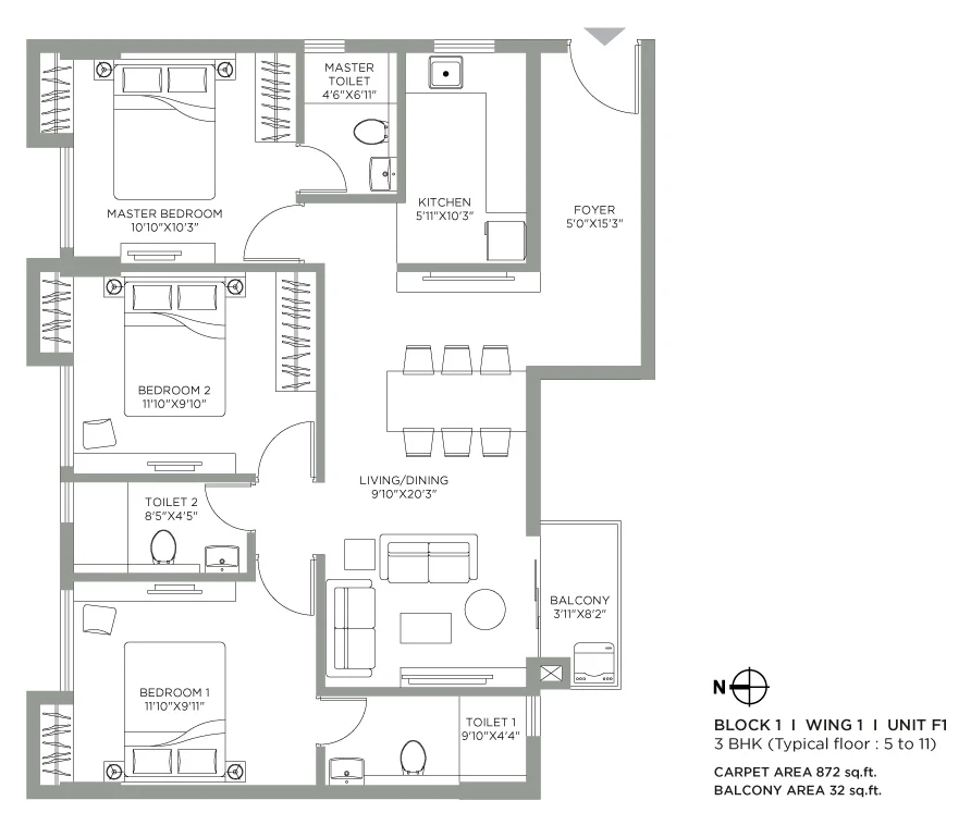 Jade Grove by PS Group, Tangra: 3 BHK Block 1 Unit F1 floor plan, 872 sq ft carpet