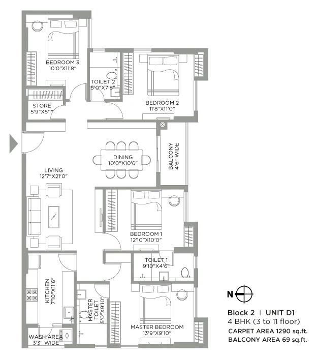 Jade Grove by PS Group, Tangra: 4 BHK Block 2 Unit D1 floor plan, 1,290 sq ft carpet