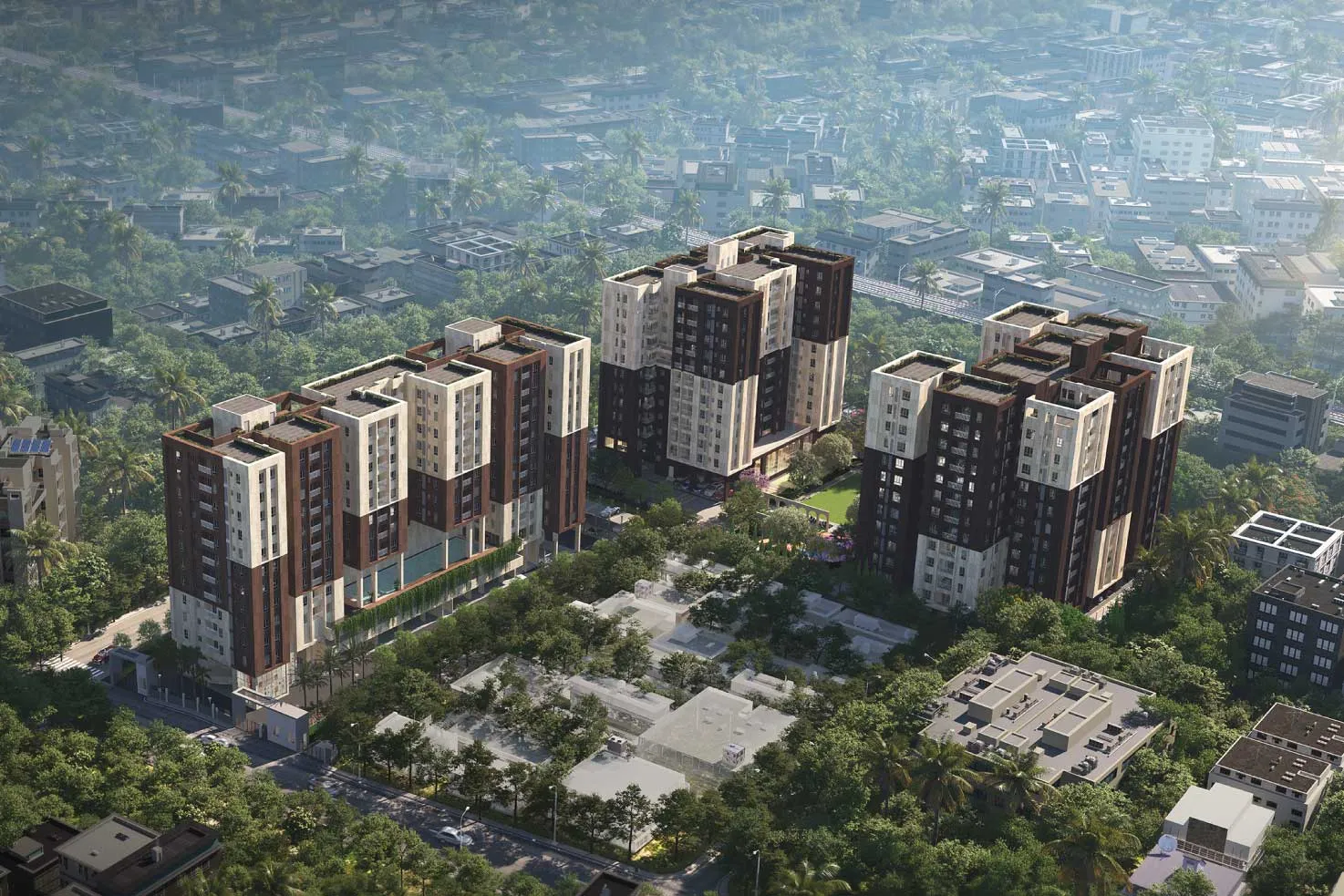 Jade Grove by PS Group, Tangra: aerial view of the three towers and central greens, artist's impression