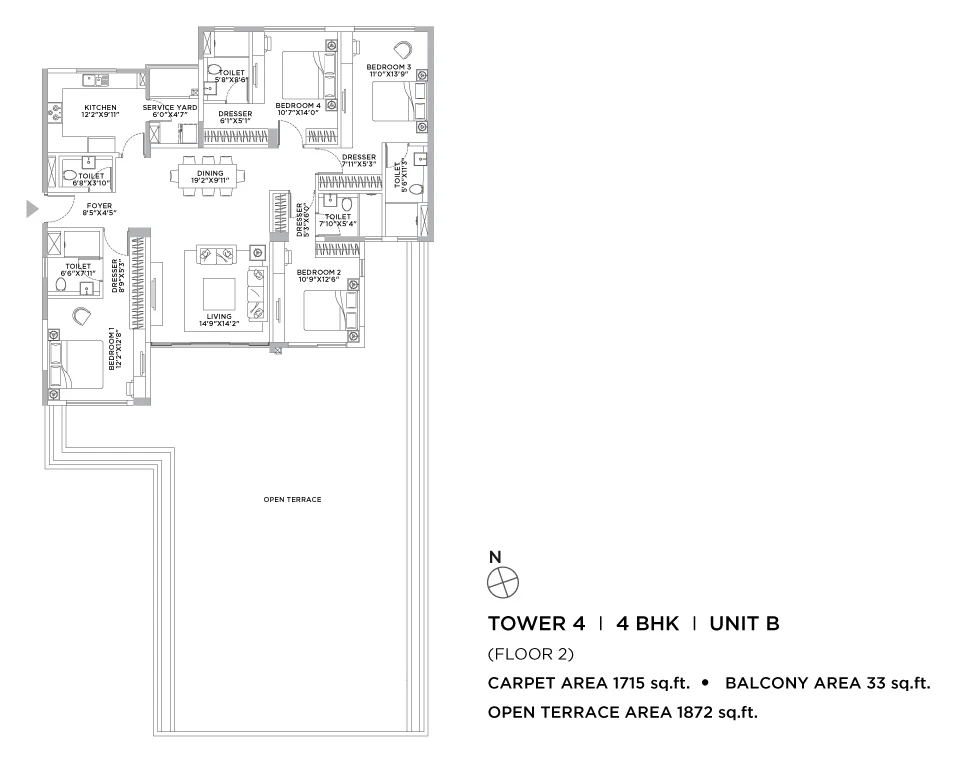 Navyom 4 BHK floor plan, Tower 4 Unit B