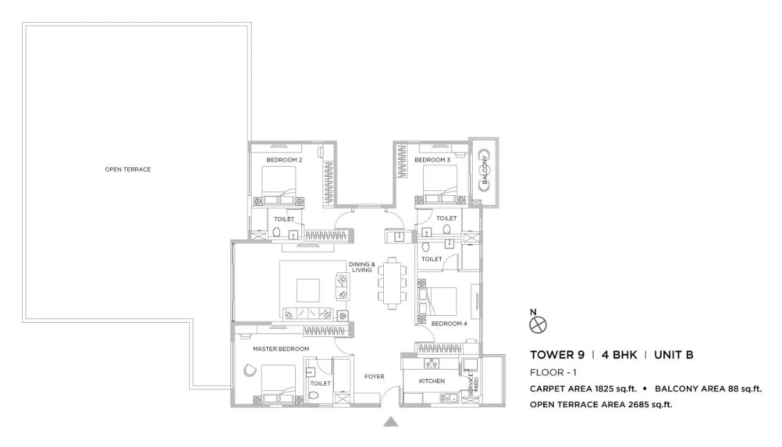 Navyom 4 BHK terrace home floor plan, Tower 9 Unit B, 1,913 sq ft