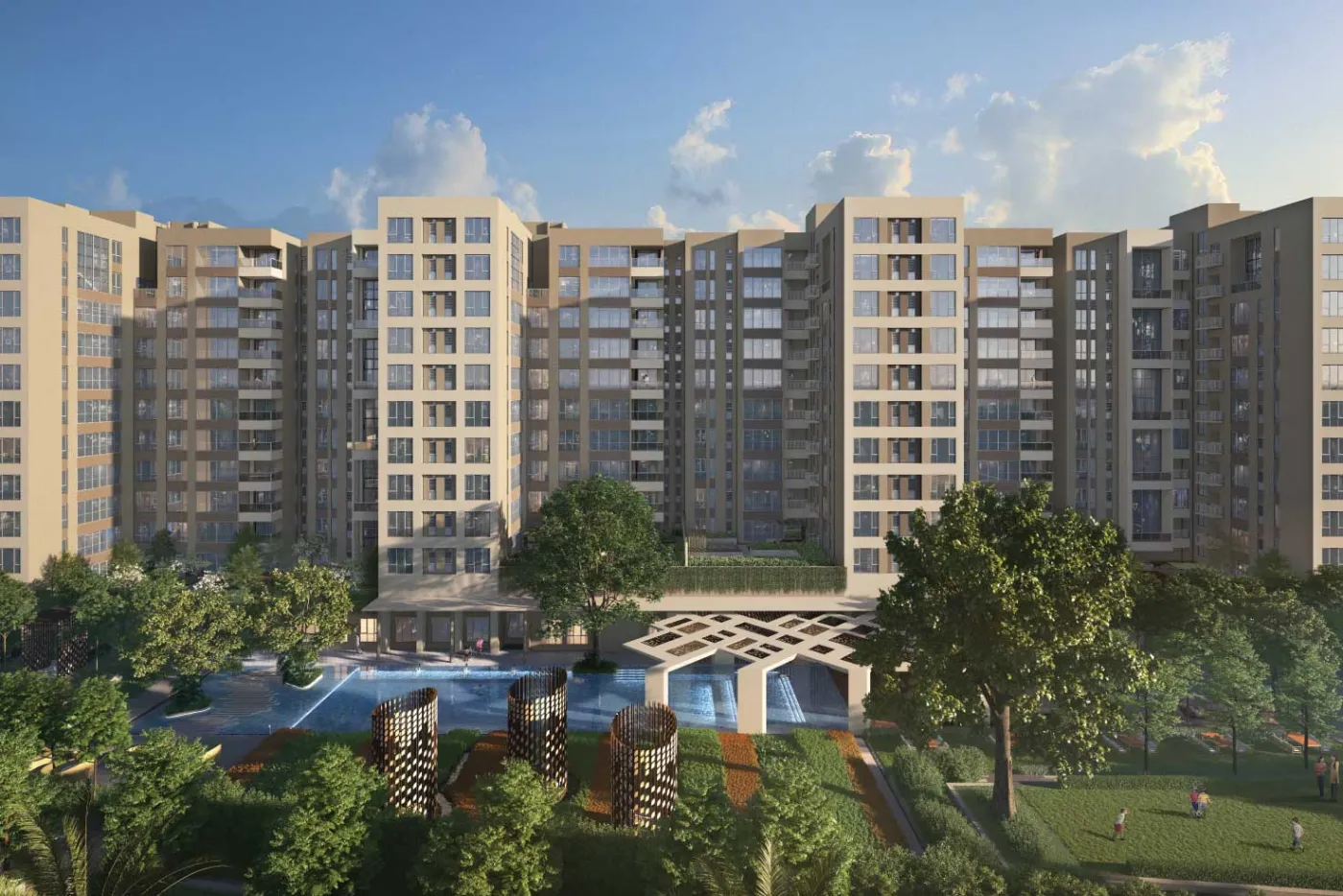 Navyom towers and landscaped pool deck, New Alipore