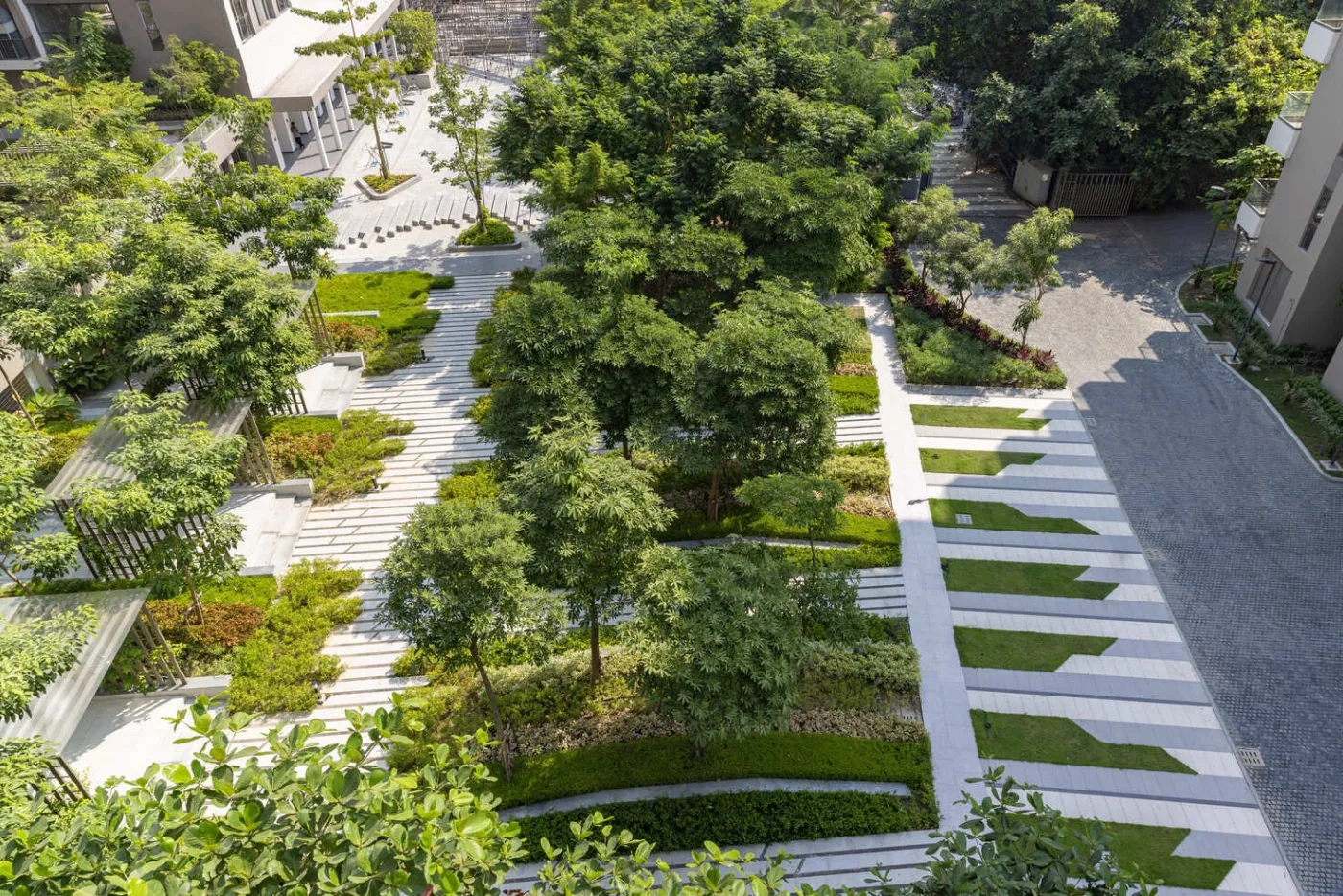 Landscaped walkways at Navyom, New Alipore