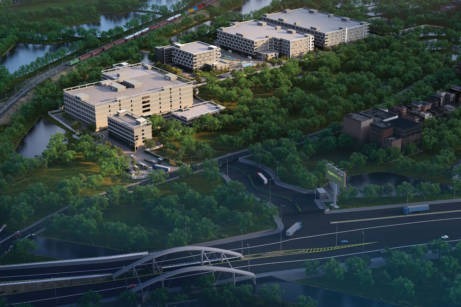PS Logistics Park, Kona Expressway: bird's eye view of the warehouse blocks, artist's impression
