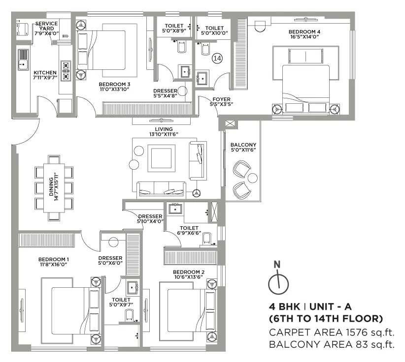 Quintessa by PS Group, Kankurgachi: 4 BHK Unit A floor plan