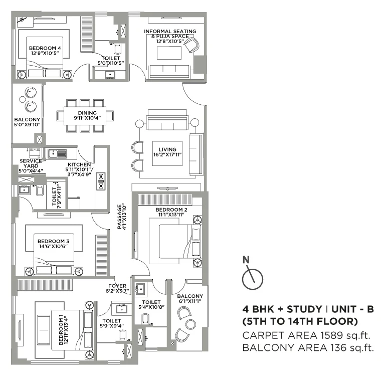 Quintessa by PS Group, Kankurgachi: 4 BHK Unit B floor plan