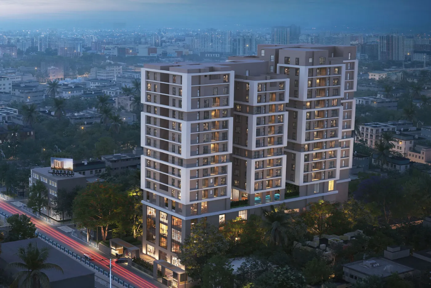 Quintessa by PS Group, Kankurgachi: tower lit up at night, artist's impression
