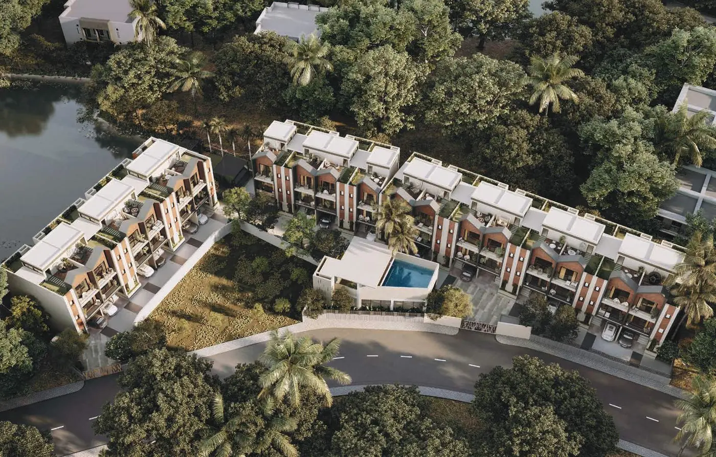 Aerial view of Sugam Villa 18, two rows of villas beside the existing pond, artist impression