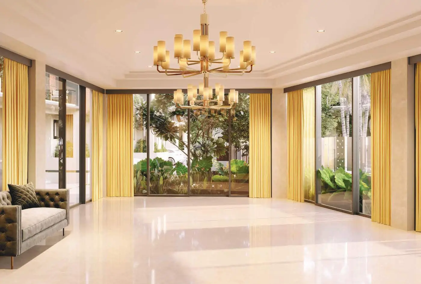 Banquet hall with chandeliers in the Sugam Villa 18 clubhouse, artist impression