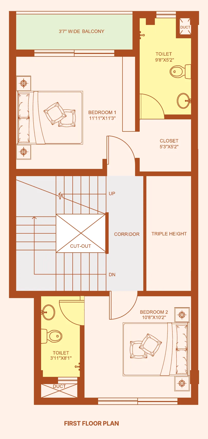 Sugam Villa 18 first floor plan: two bedrooms, two toilets and balcony
