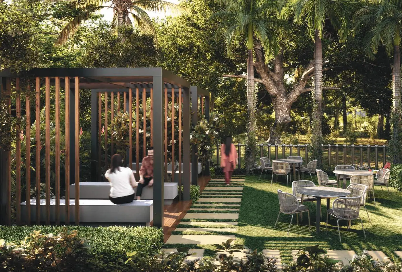 Garden sitting area with pergola at Sugam Villa 18, artist impression