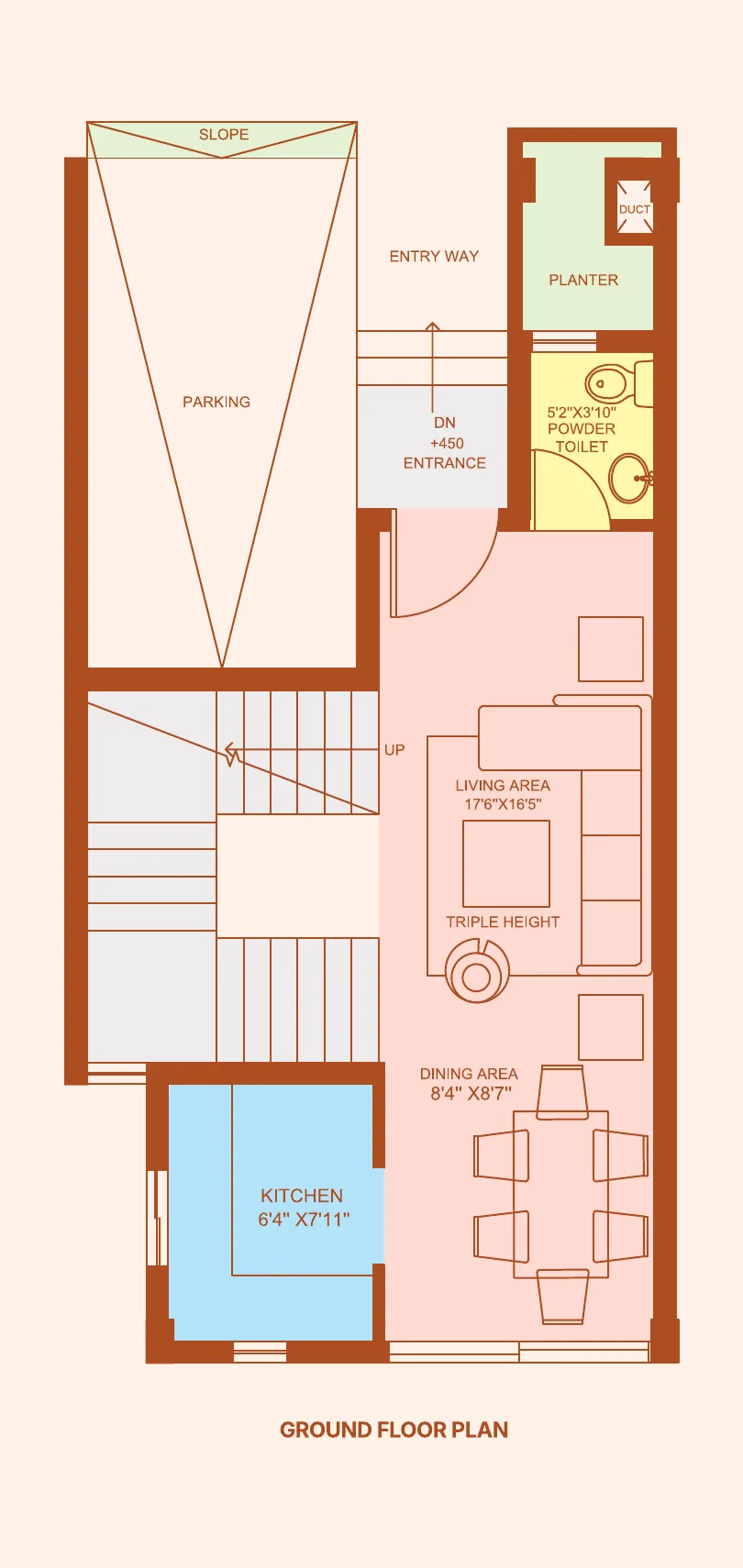Sugam Villa 18 ground floor plan: parking, living, dining, kitchen and powder toilet