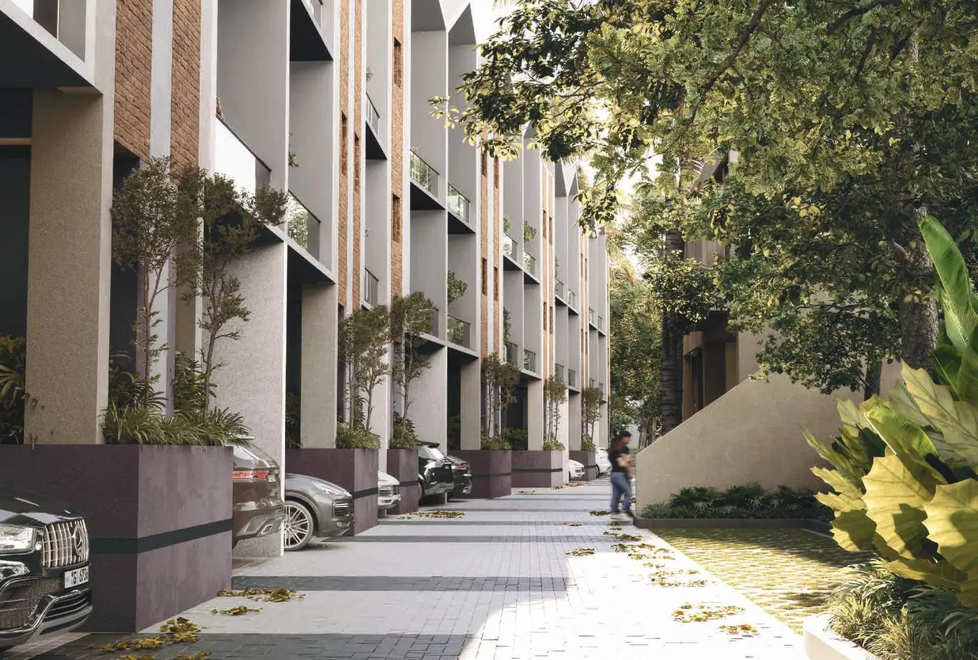 Tree-lined internal driveway between the villas at Sugam Villa 18, artist impression