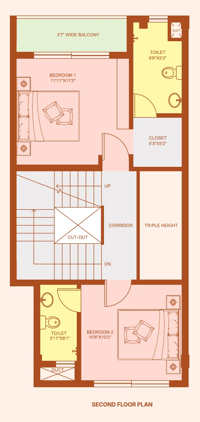 Sugam Villa 18 second floor plan: two bedrooms, two toilets and balcony