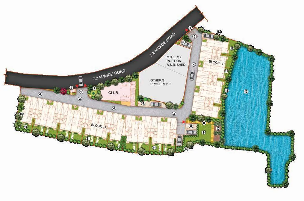 Sugam Villa 18 site plan: 18 villas in two blocks, clubhouse, pond and driveway
