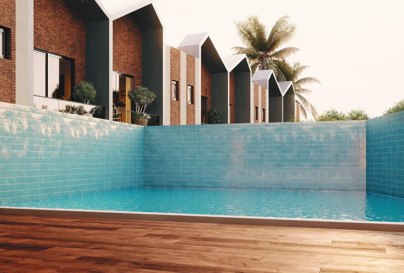 Outdoor swimming pool at Sugam Villa 18 with the villas behind, artist impression