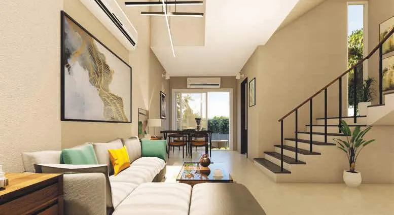 Triple-height living and dining with internal staircase in a Sugam Villa 18 villa, artist impression