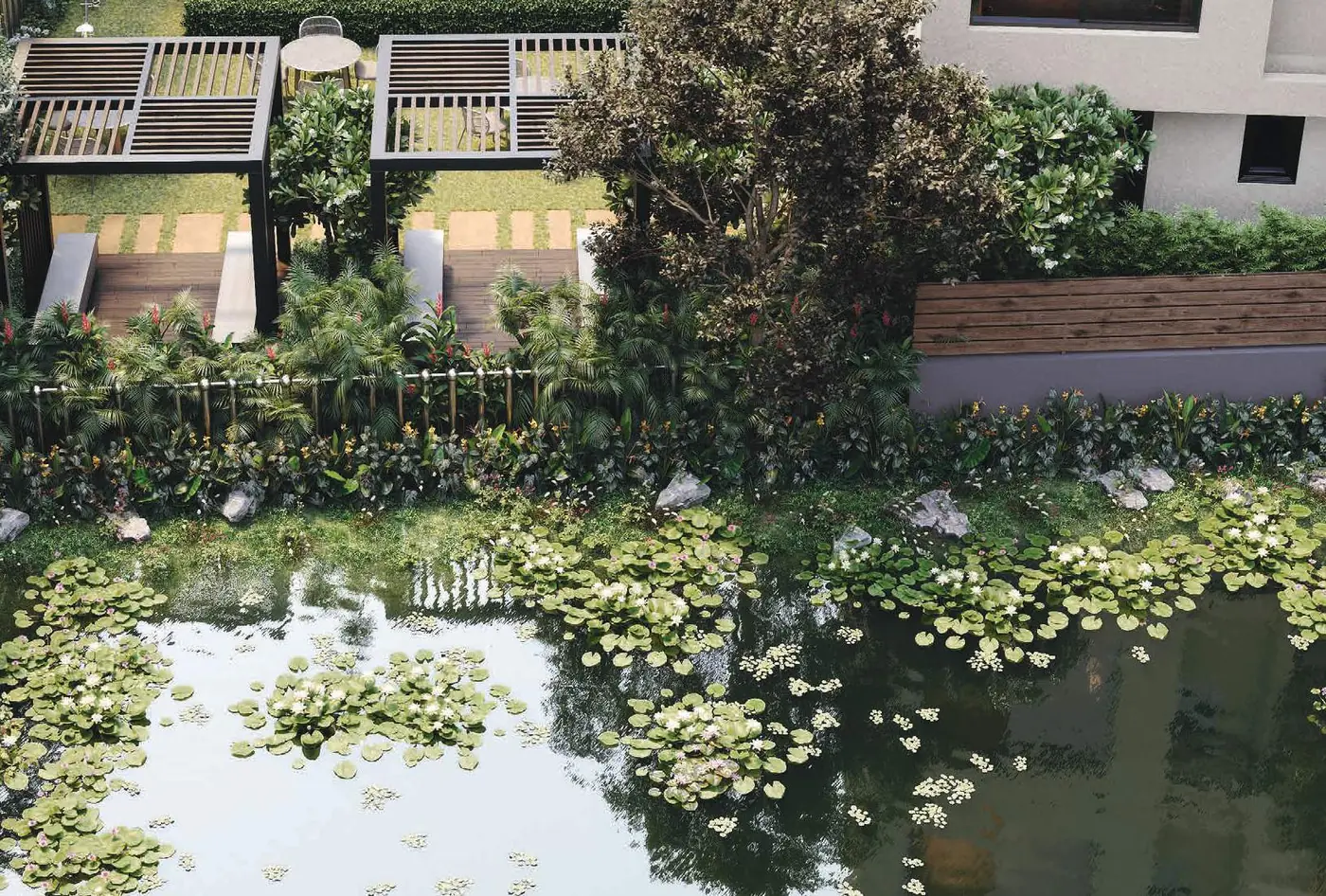 Waterside walkway along the pond at Sugam Villa 18, artist impression