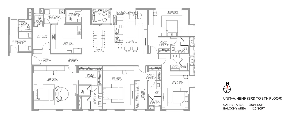 The Balmoral 4 BHK Unit A floor plan, 3rd to 8th floor