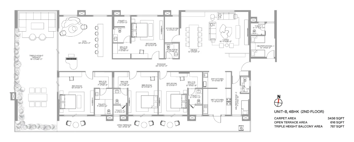 The Balmoral 4 BHK Unit B floor plan, 2nd floor, with private terrace