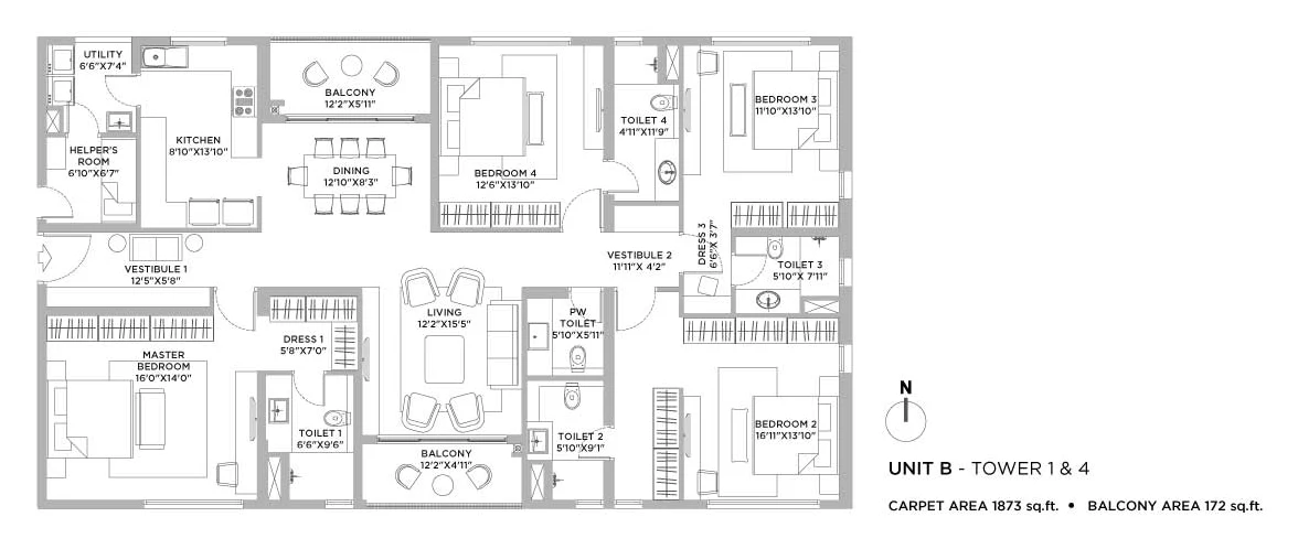 Vaanya by PS Group, New Town: 4 BHK Tower 1 and 4 Unit B floor plan
