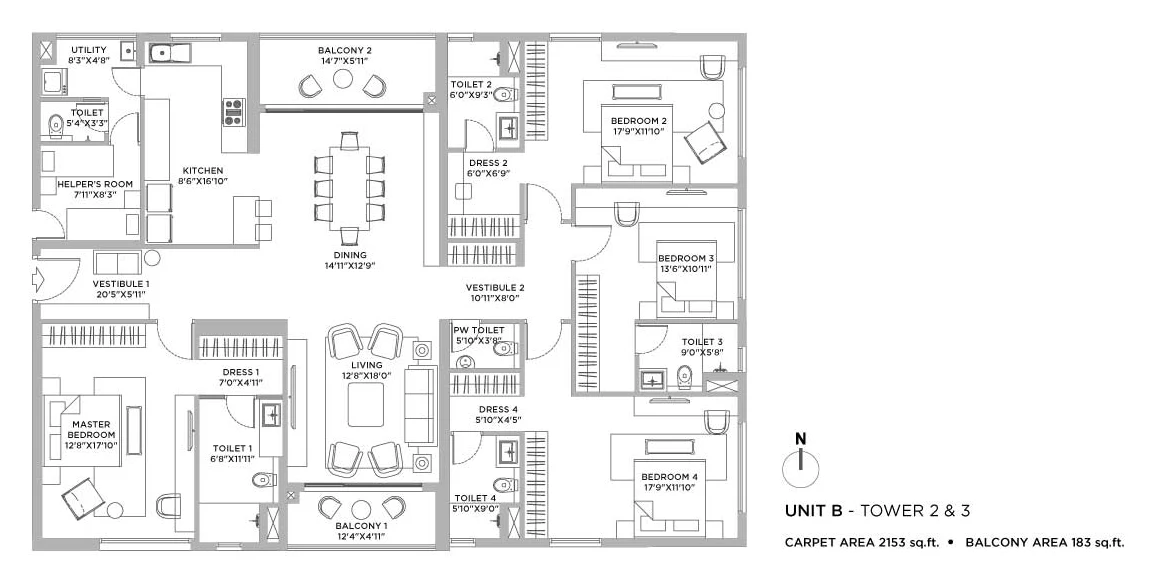 Vaanya by PS Group, New Town: 4 BHK Tower 2 and 3 Unit B floor plan