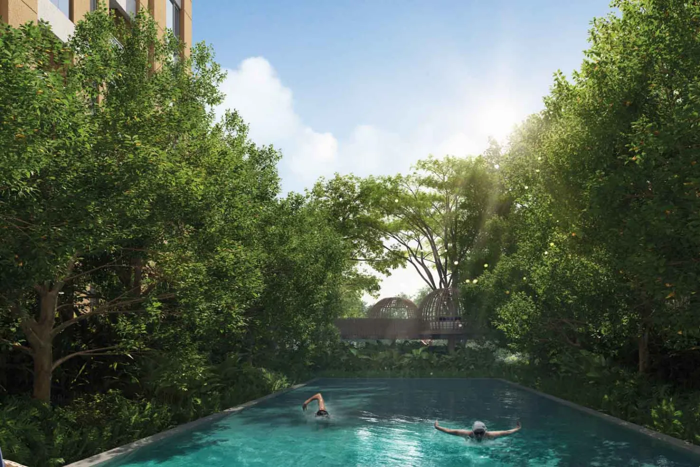 Vaanya by PS Group, New Town: swimming pool under the trees, artist's impression